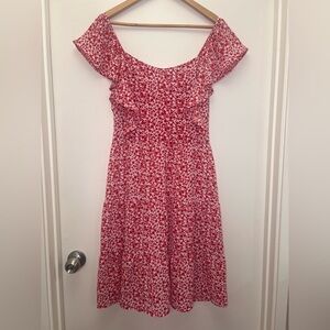 Red Floral Off Shoulder Dress L | Kentucky Derby Dress Fit & Flare Sundress